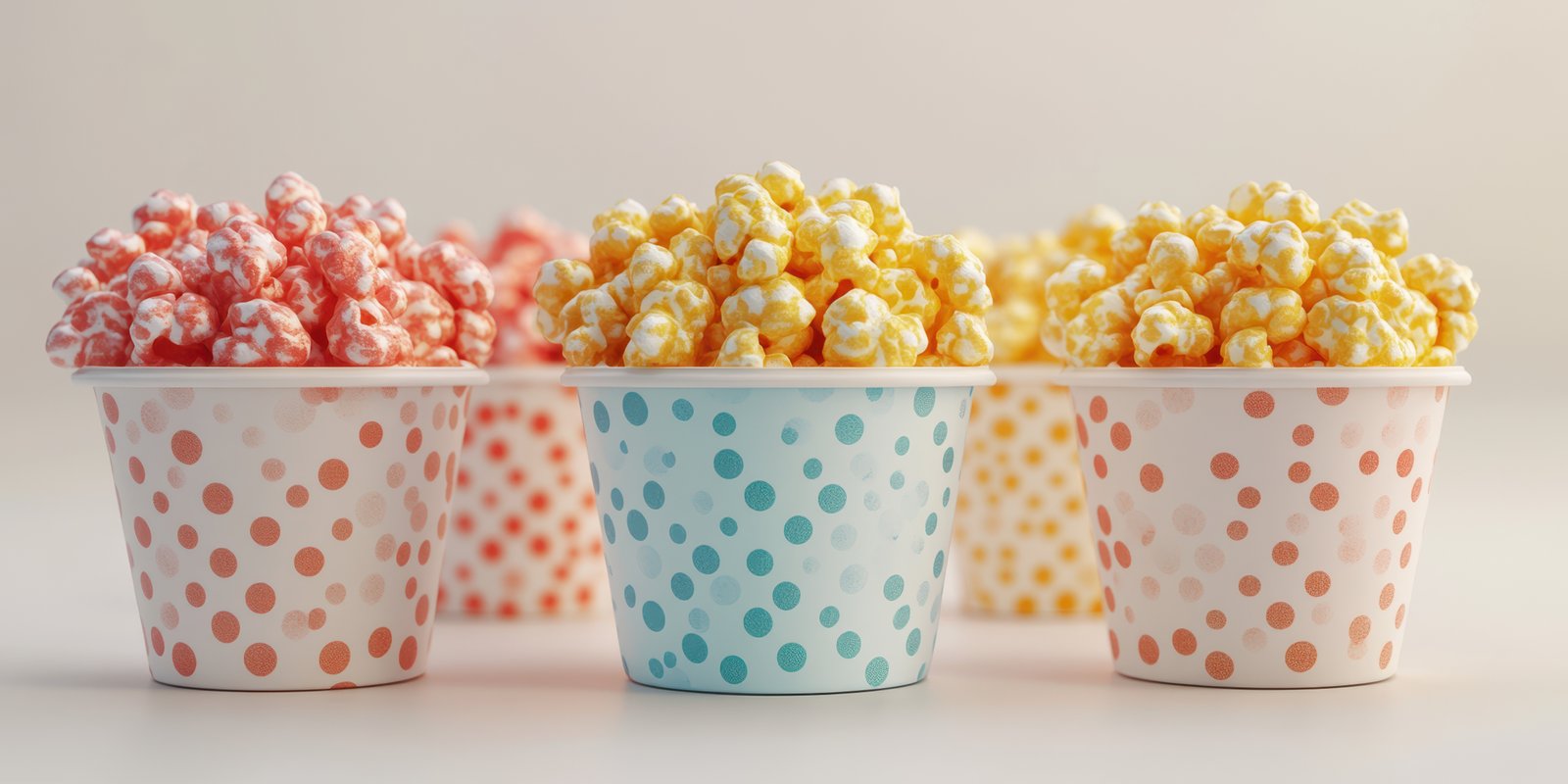 Colorful popcorn cups arranged on a clean surface showcasing various flavors and enticing a snack lover's appetite